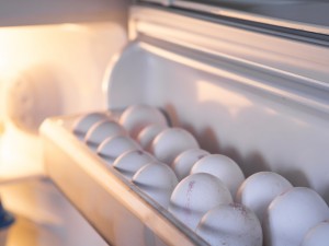 white eggs lined up in the refrigerator