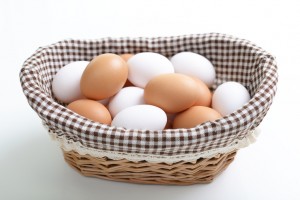 Chicken eggs in wicker basket