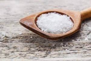 Sea salt in wooden spoon