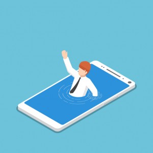 Flat 3d isometric businessman drowning in smartphone. Smartphone or mobile addiction concept.