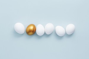 Golden egg with white eggs on pastel background