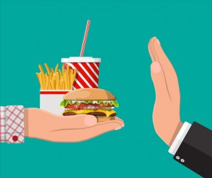 Man refuses take fast food with hand gesture. Rejecting junk food, snacks. Fat, overweight. Cup of cola with fries and cheeseburger. Fastfood. Vector illustration in flat style
