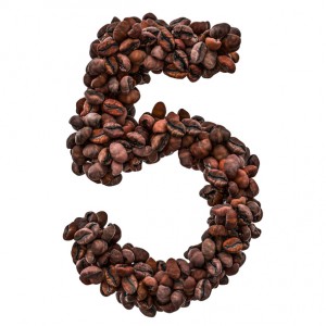 Number 5 from roasted coffee beans, 3D rendering isolated on white background