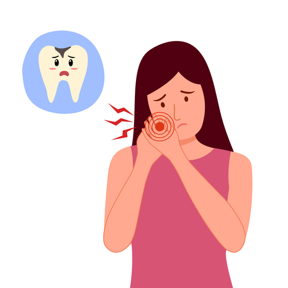 Young woman having painful toothache character with caries tooth cartoon in flat design. Dental problem and oral treatment concept.