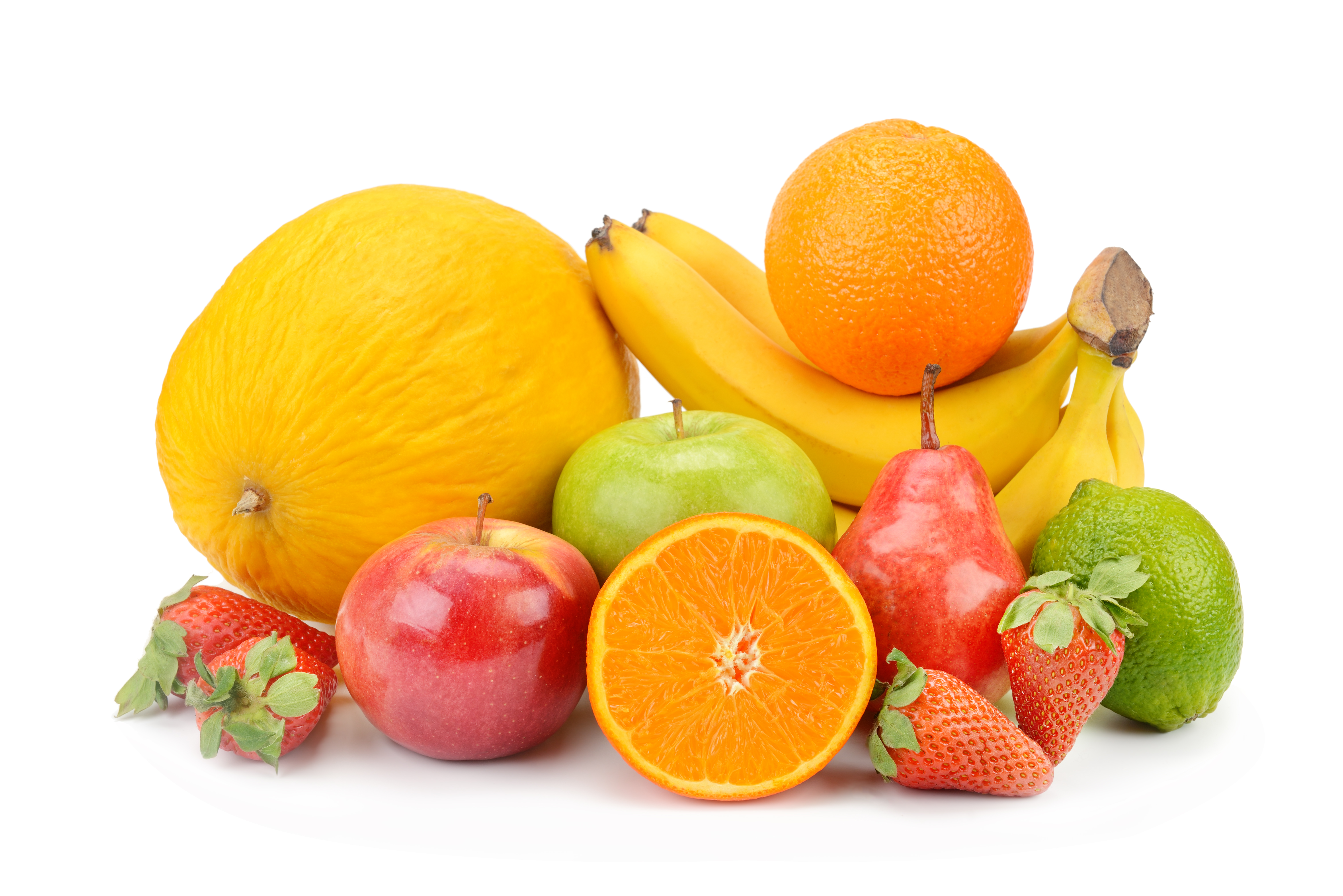 Close up of heap of fruit, isolated on white background. Concept of healthy eating and dieting lifestyle