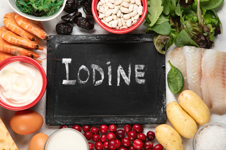 Healthy food containing iodine. Top view with copy space