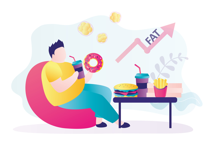 Male character gradually grows fat. Obesity problem. Table with different fast food. Fat guy sits and eats donut with soda. Unhealthy and lazy lifestyle. Man with overweight. Flat vector illustration