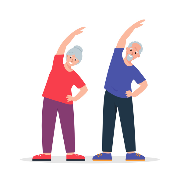 Elderly people do fitness together. Senior couple yoga. Healthy and sporty lifestyle for old retired man and woman. Colorful vector flat illustration isolated on white background.