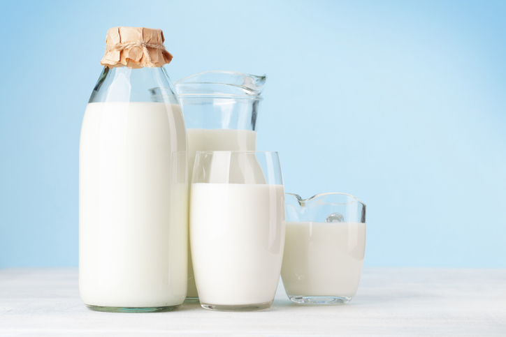 Milk in glass, bottle and jug