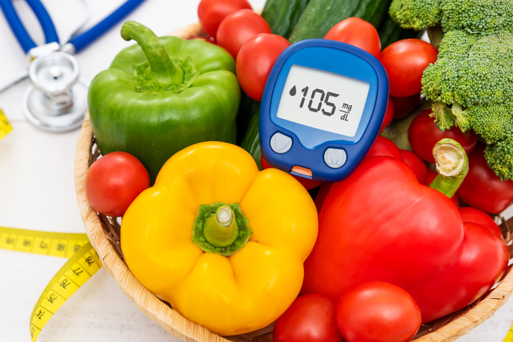 Glucometer with fresh vegetables. Healthy food, diet and nutrition