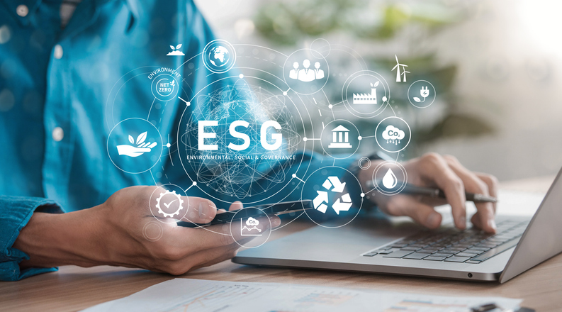 ESG Concept Renewable Technology in Hands for Environment, Society and Governance SG in Sustainable Business social governance investment business ideas on screen